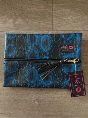 Blue Snake Print Cosmetic Clutch with Tassel
